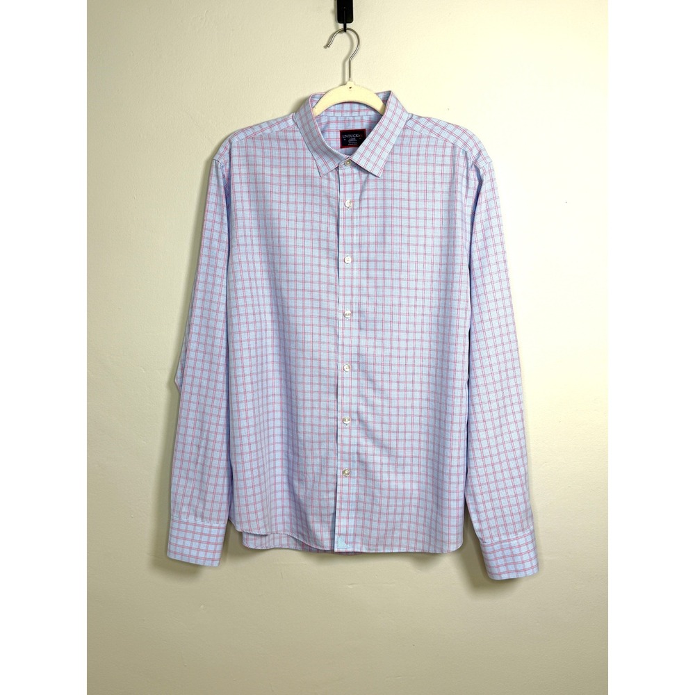 UNTUCKit Button Down Shirt Mens L Blue Pink Plaid Wrinkle Free Long Sleeve